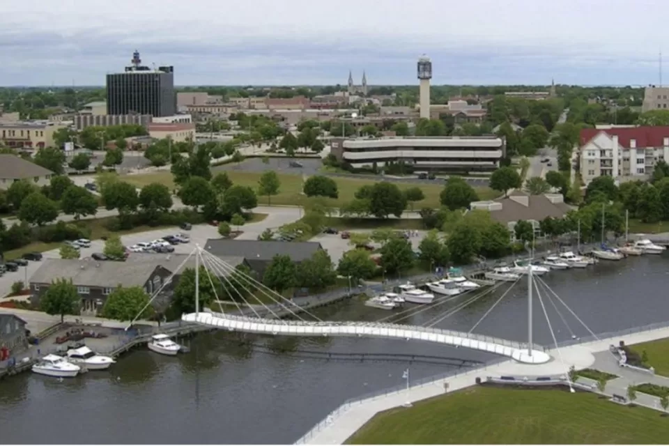 A conceptual rendering of a cable-stayed bicycle and pedestrian bridge over the Sheboygan River in Sheboygan, Wisconsin